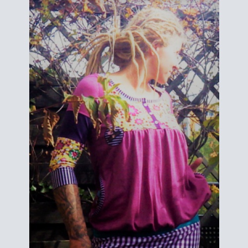 Boho Ethno Hippie Elfen Latzshirt mit 3/4 Ärmel Knopfleiste und Einschubtaschen