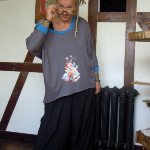 Oversize Asymmetric Shirt On Shoulder grau mit Applikation Einheitsgröße