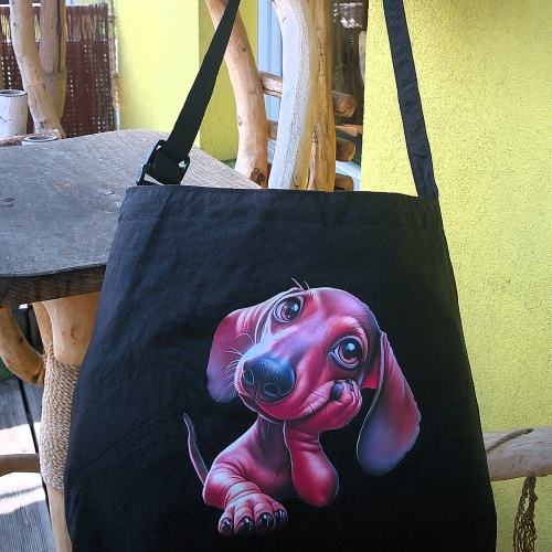 Umhängetasche Standtasche aus wasserabweisemden Taslan schwarz mit Dackel Applikation