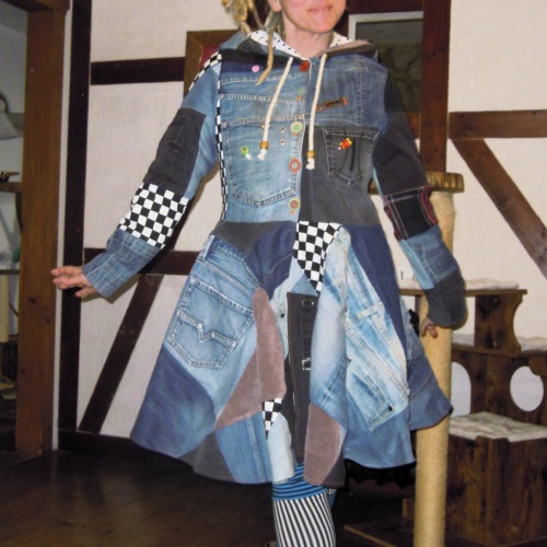 Jeansmantel Elfenmantel gefüttert mit Zipfelkapuze Alternativmode