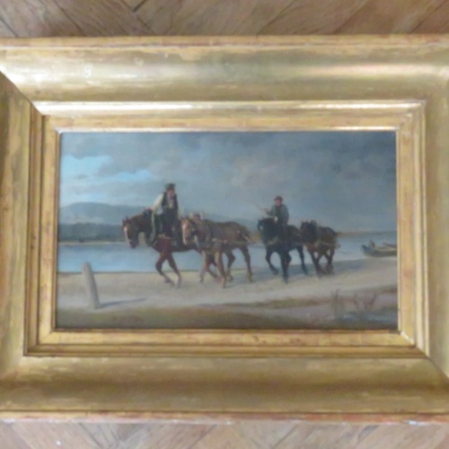 Pferde ziehen ein Boot den Treppelweg hinauf