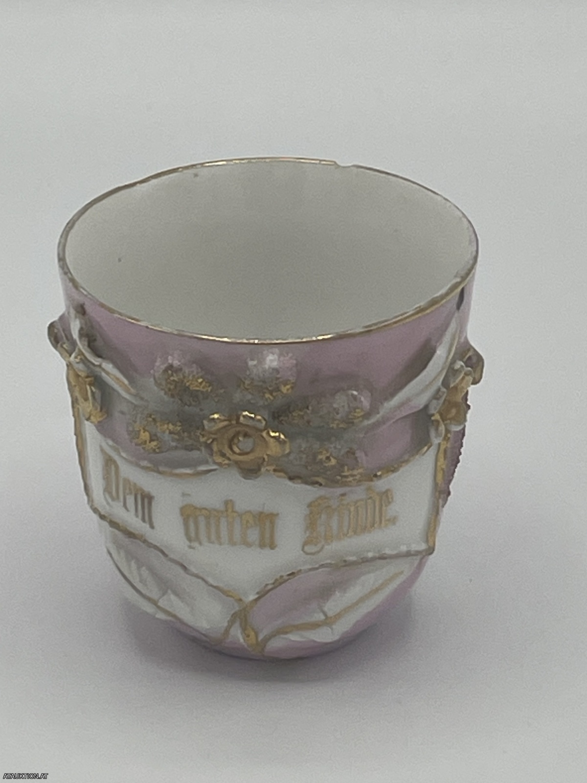 Sehr altes Prunkhäferl Jugendstil Rosenhäferl "Dem guten Kinde"