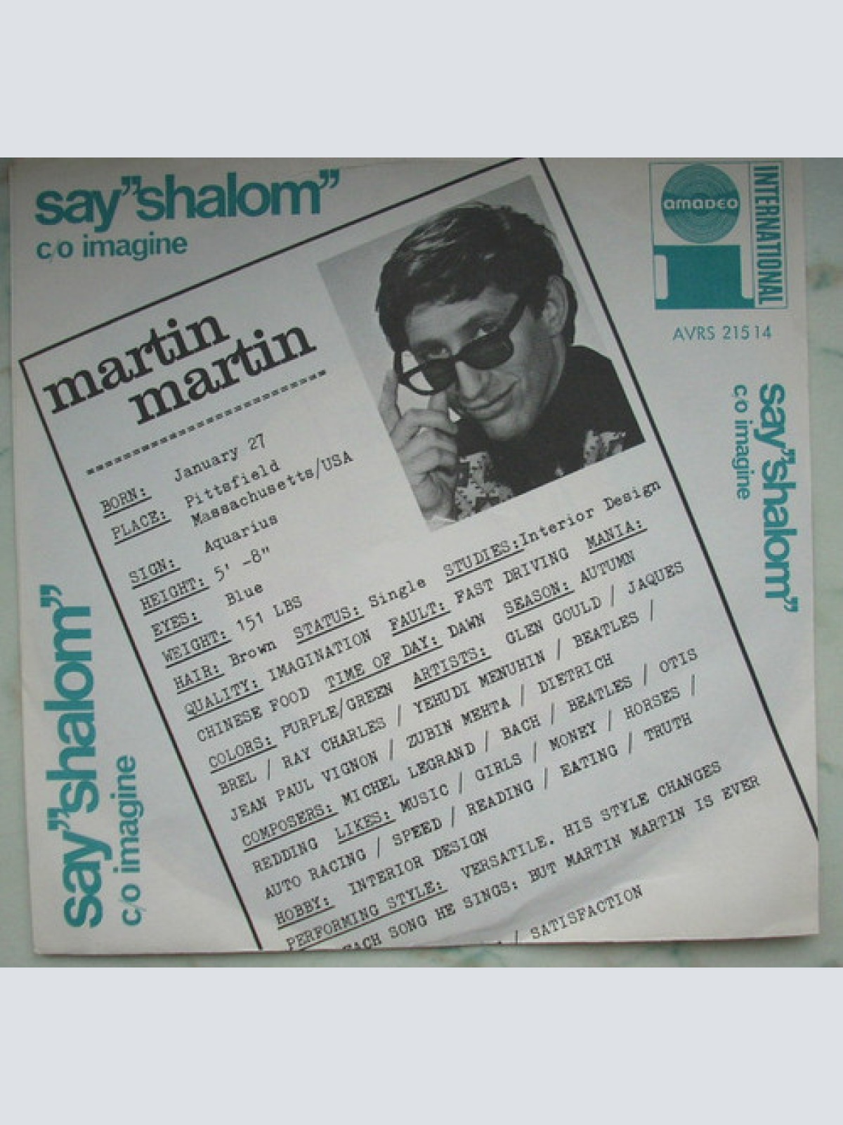 SINGLE / Martin Martin ‎– Say Shalom / Imagine / RAR