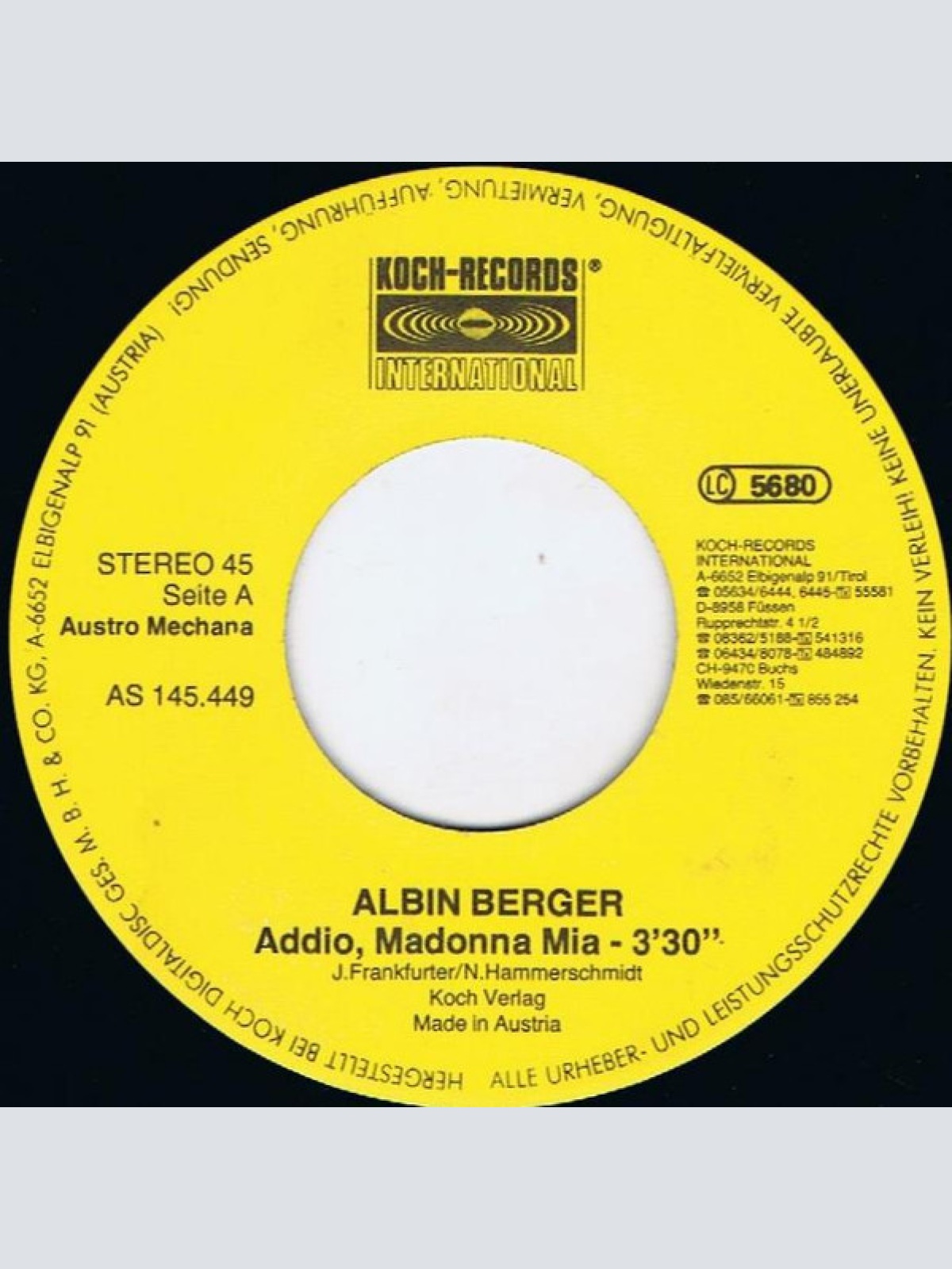 Vinyl / Albin Berger - Addio Madonna Mia