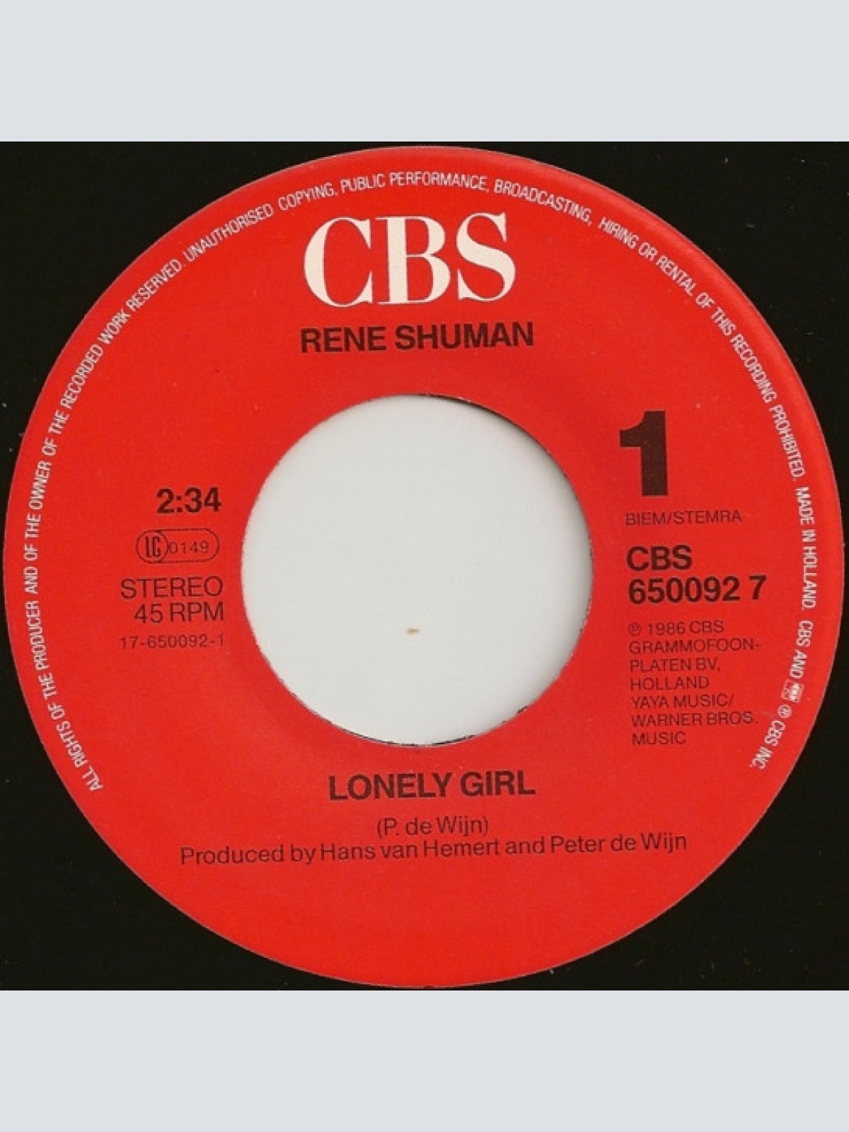 Vinyl / René Shuman - Lonely Girl