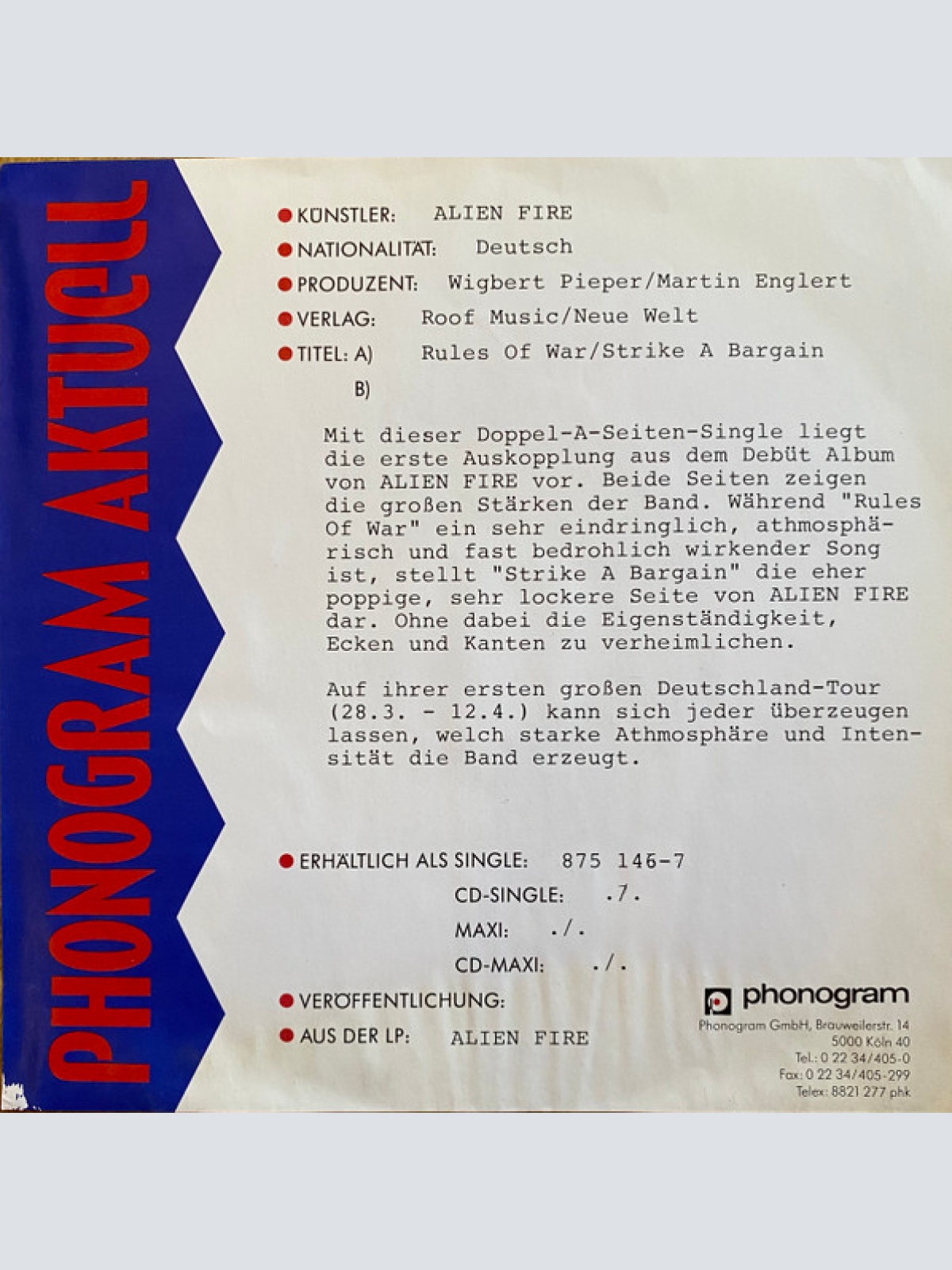 Vinyl / Alien Fire - Rules Of War / Strike A Bargain!