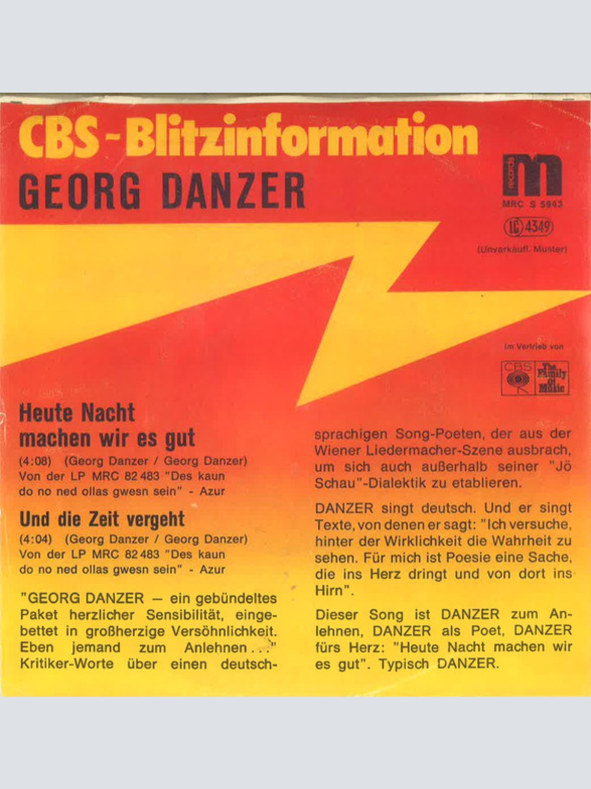 Vinyl / Georg Danzer - Heute Nacht Machen Wir Es Gut