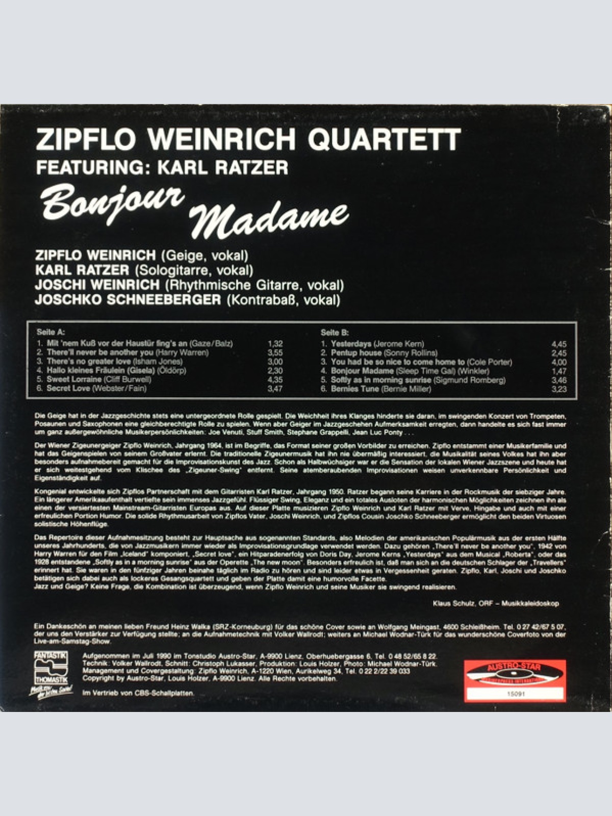 Vinyl / Zipflo Weinrich Quartett Featuring: Karl Ratzer - Bonjour Madame