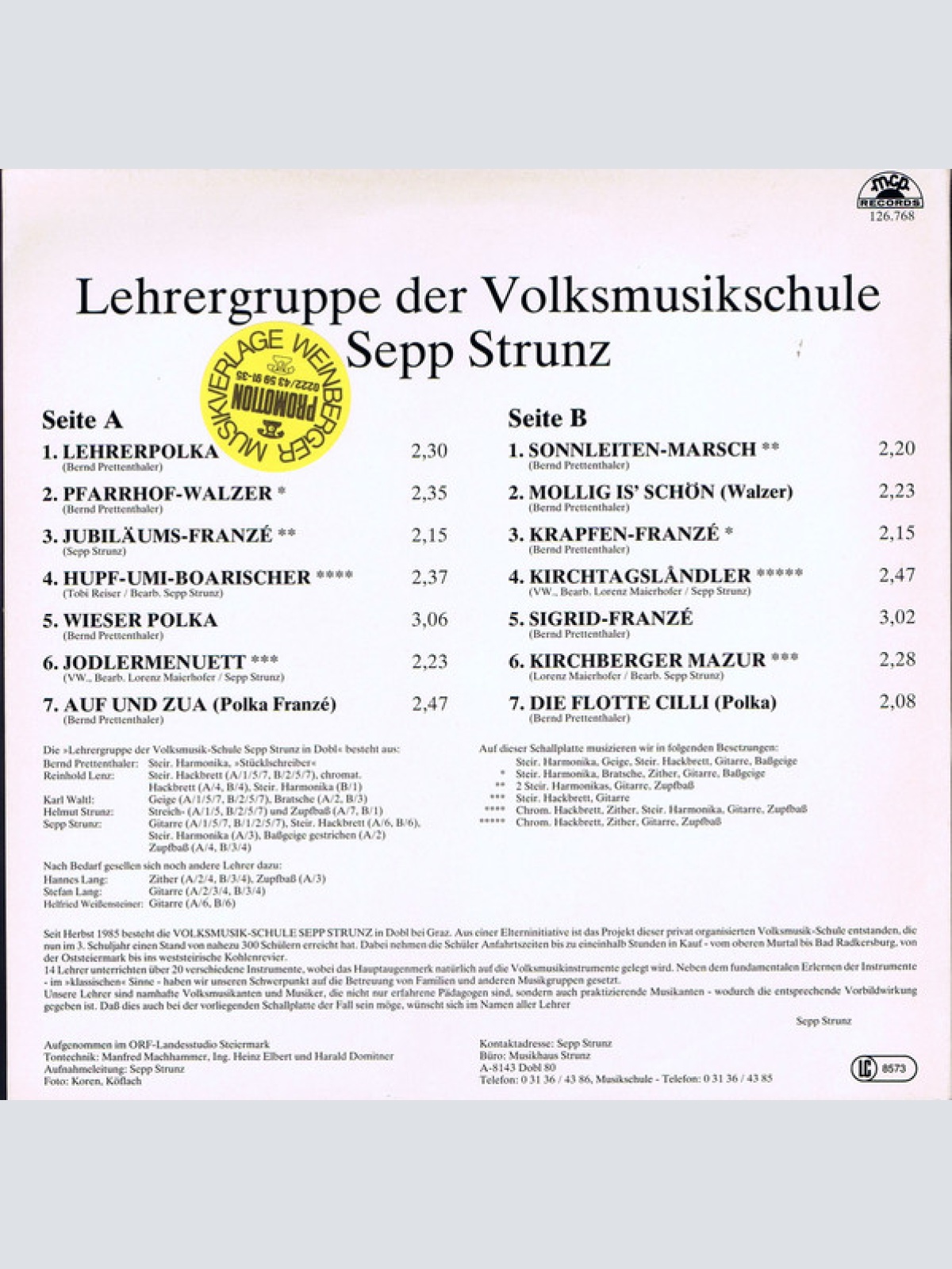 Vinyl / Lehrergruppe Der Volksmusik-Schule Sepp Strunz - Echte Volksmusik