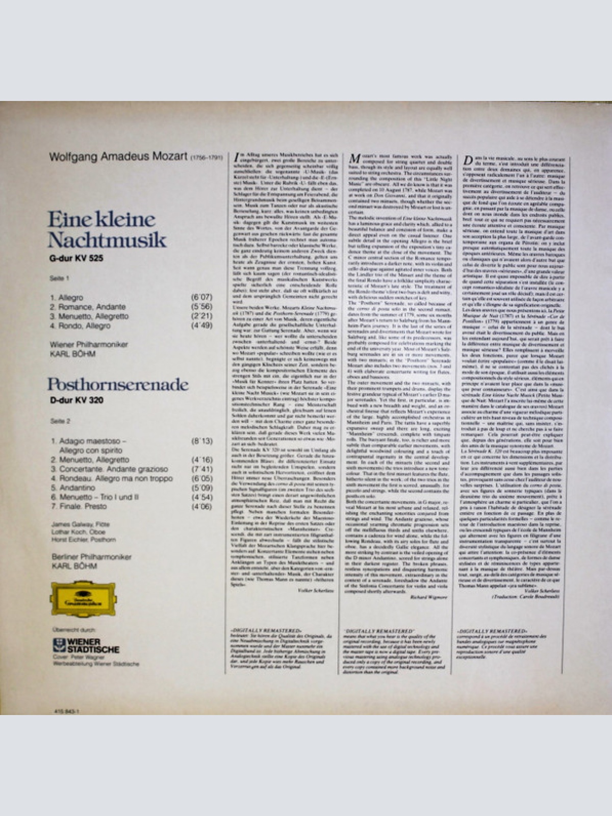 Vinyl / Wolfgang Amadeus Mozart, Wiener Philharmoniker, Berliner Philharmoniker, Karl Böhm - Eine Kleine Nachtmusik / Posthornserenade Kv 320