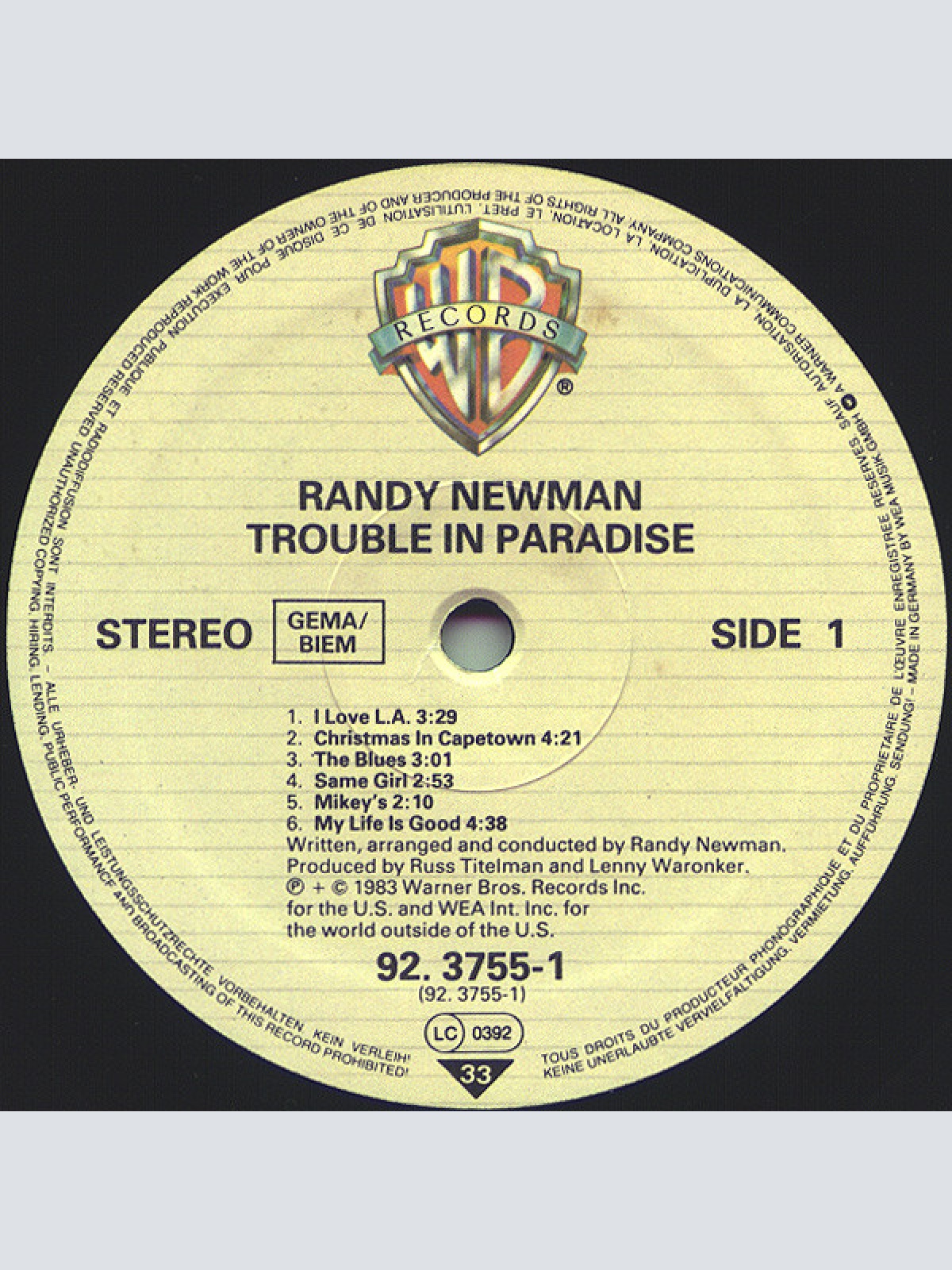 Vinyl / Randy Newman - Trouble In Paradise