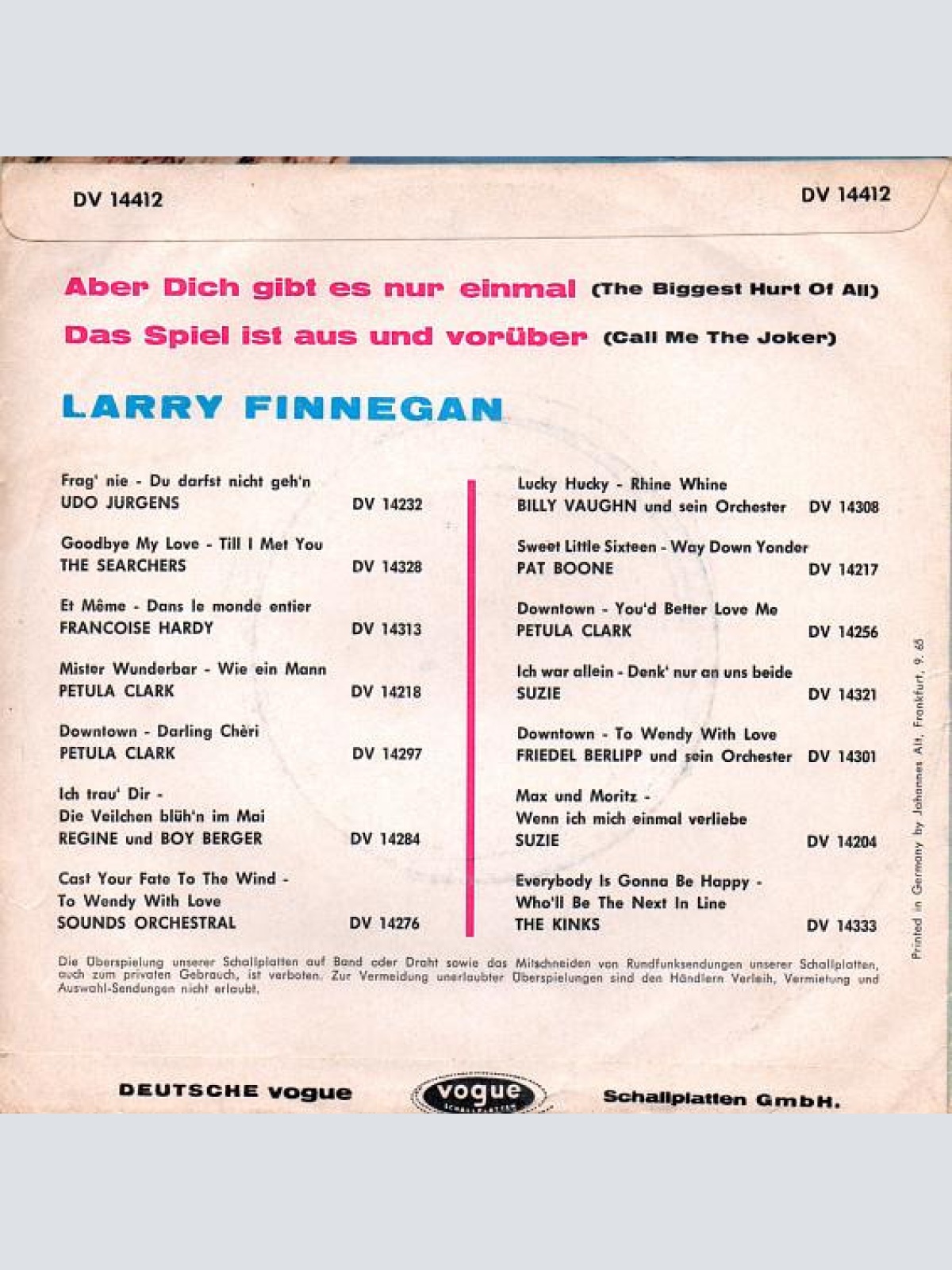 Vinyl / Larry Finnegan - Aber Dich Gibt Es Nur Einmal (The Biggest Hurt Of All)