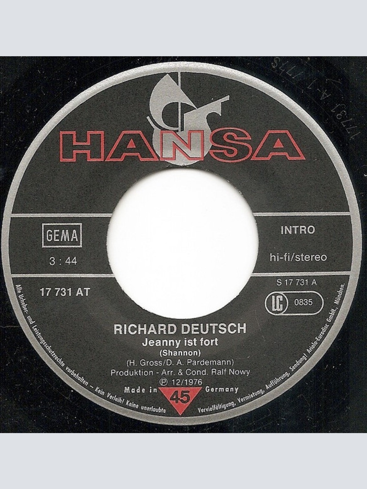 Vinyl / Richard Deutsch (2) - Jeanny Ist Fort / Hey Du, Ich Bin So Frei