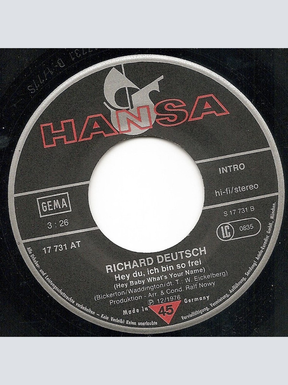 Vinyl / Richard Deutsch (2) - Jeanny Ist Fort / Hey Du, Ich Bin So Frei