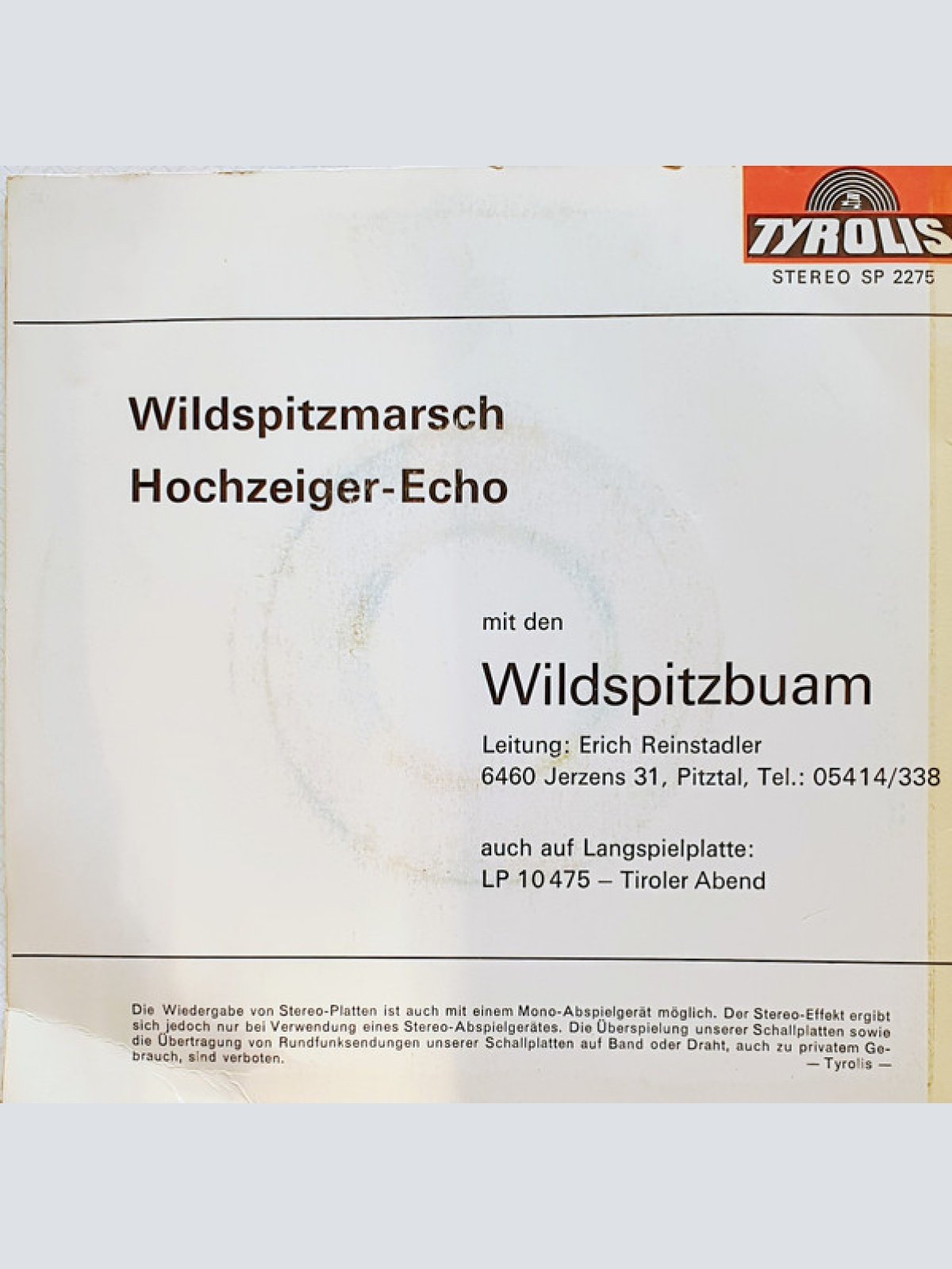 Vinyl / Wildspitzbuam - Wildspitzmarsch / Hochzeiger-Echo Mit Den Wildspitzbuam