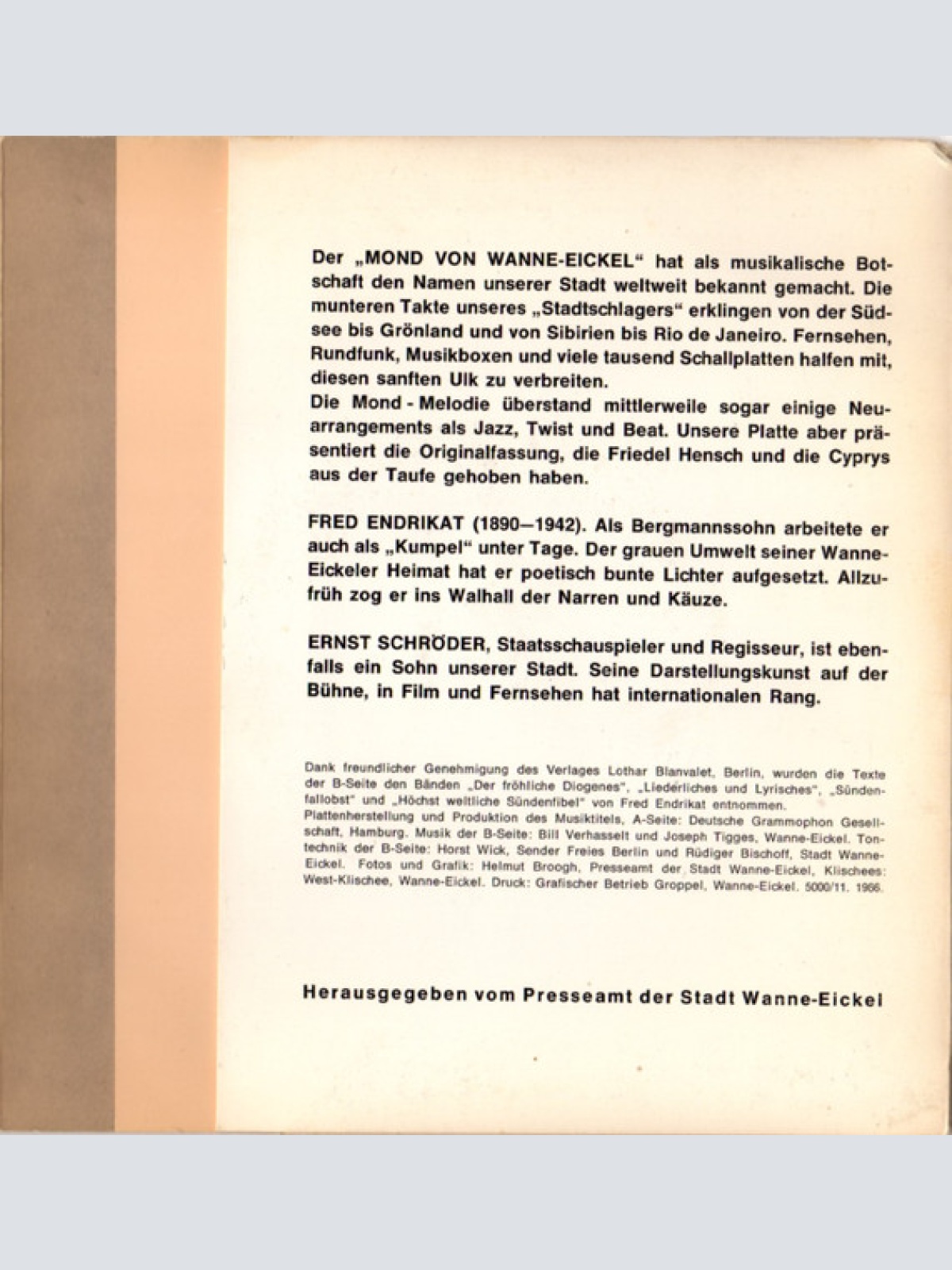 Vinyl / Friedel Hensch Und Die Cyprys / Ernst Schröder Spricht Fred Endrikat - Der Mond Von Wanne-Eickel