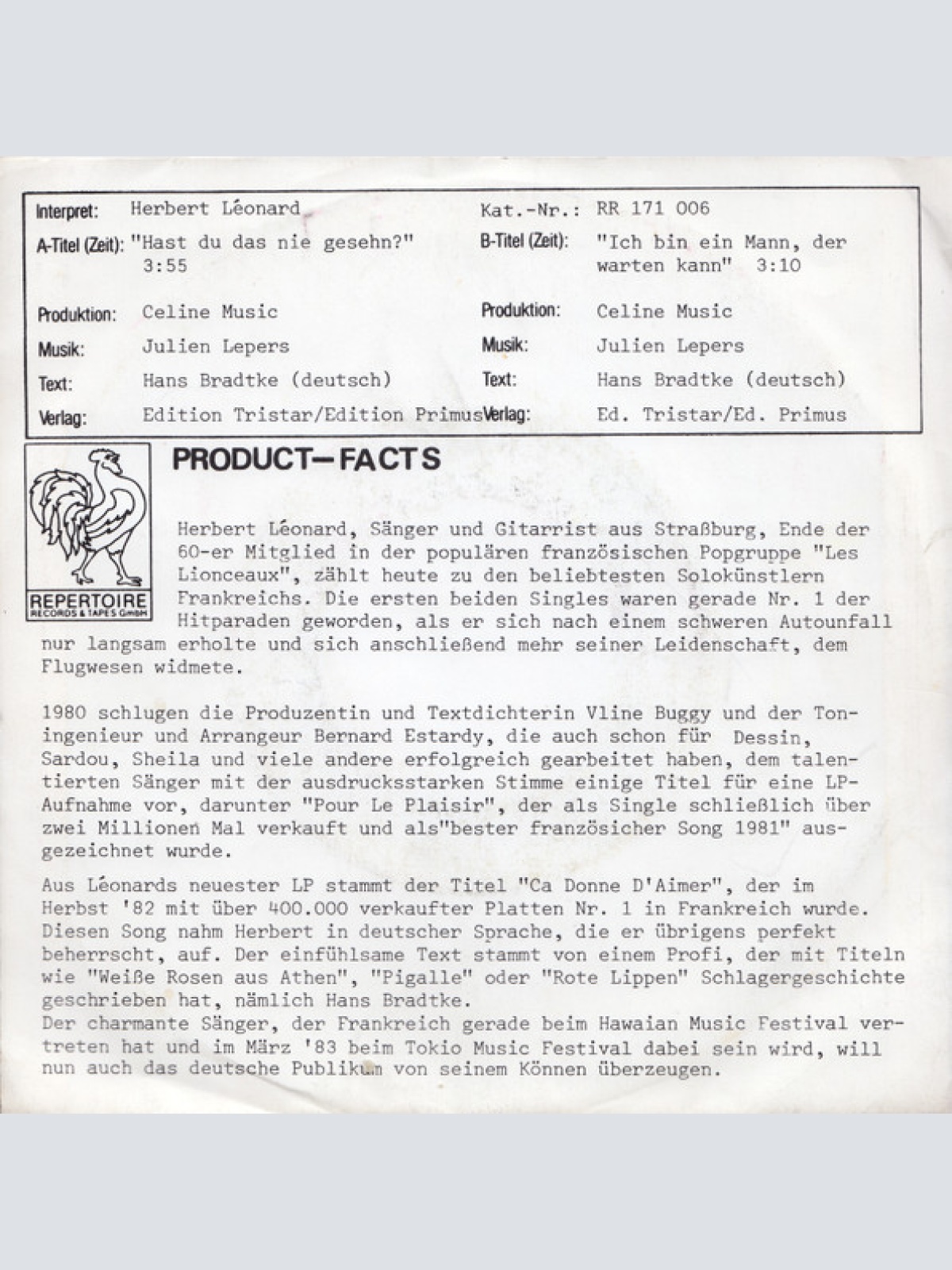 Vinyl / Herbert Léonard - Hast Du Das Nie Gesehn? / Ich Bin Ein Mann, Der Warten Kann