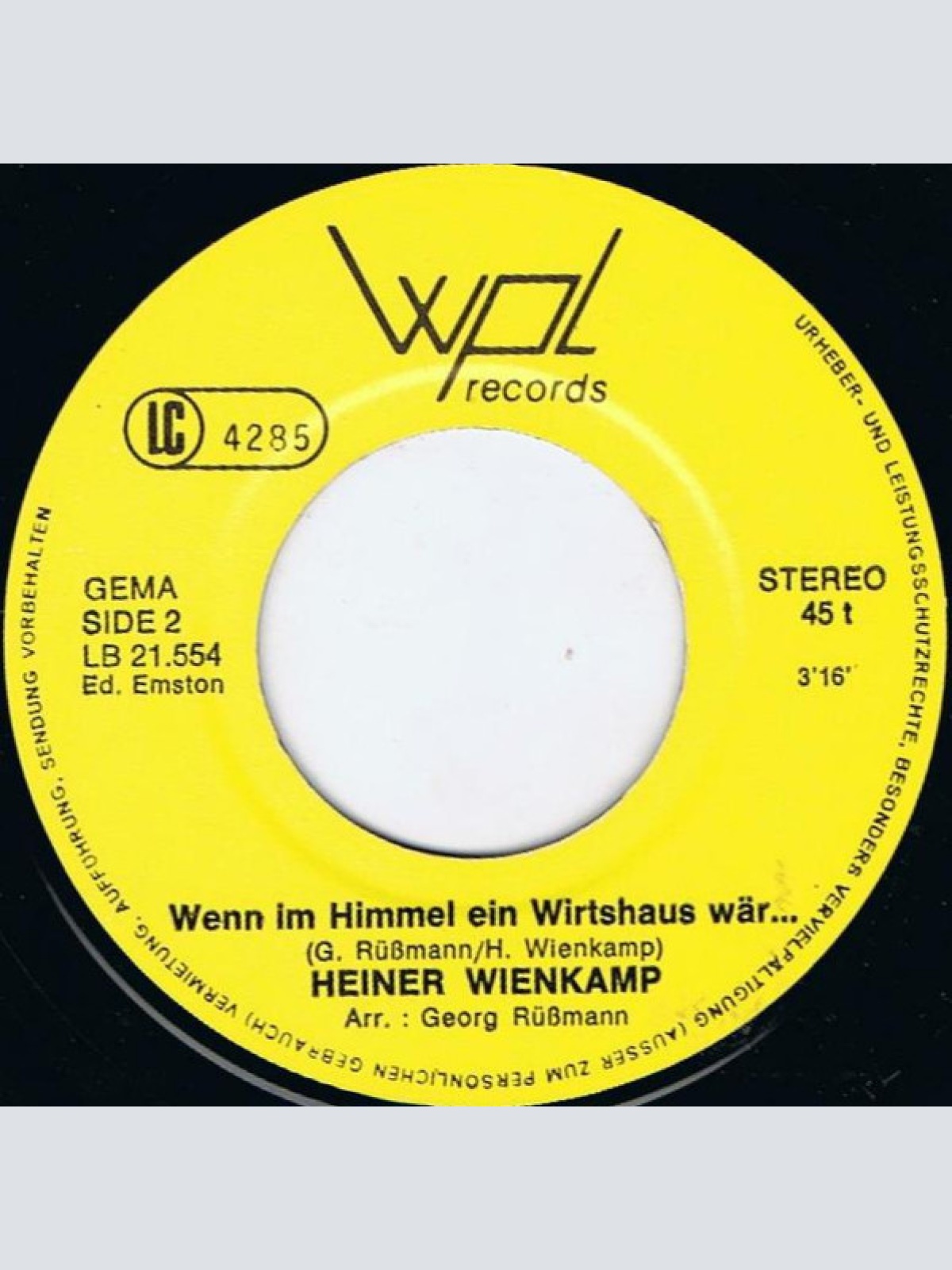 Vinyl / Heiner Wienkamp - Es Trinkt Der Mann  Es Säuft Das Pferd / Wenn Im Himmel Ein Wirtshaus Wär
