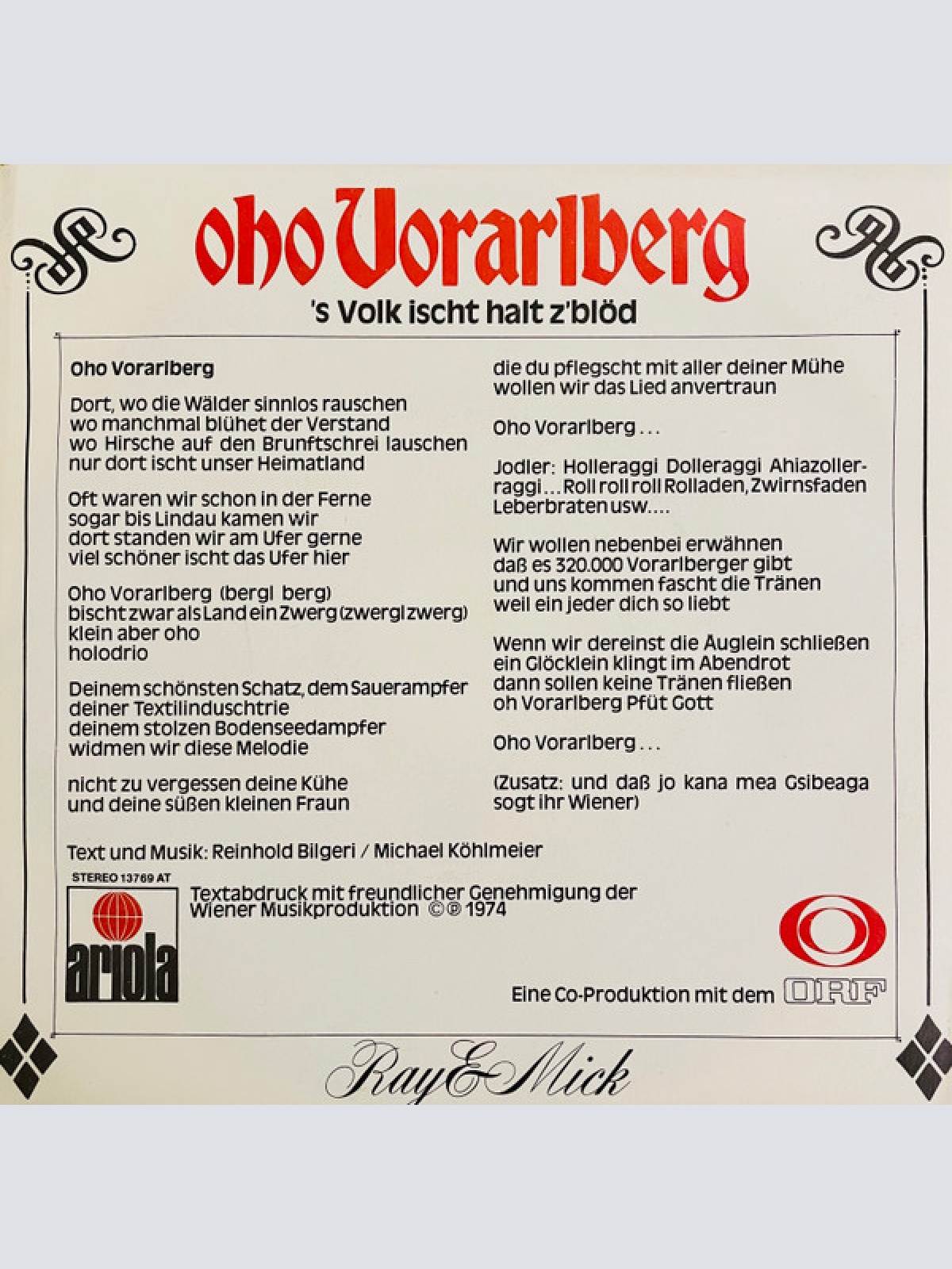 Vinyl / Ray & Mick - Oho Vorarlberg