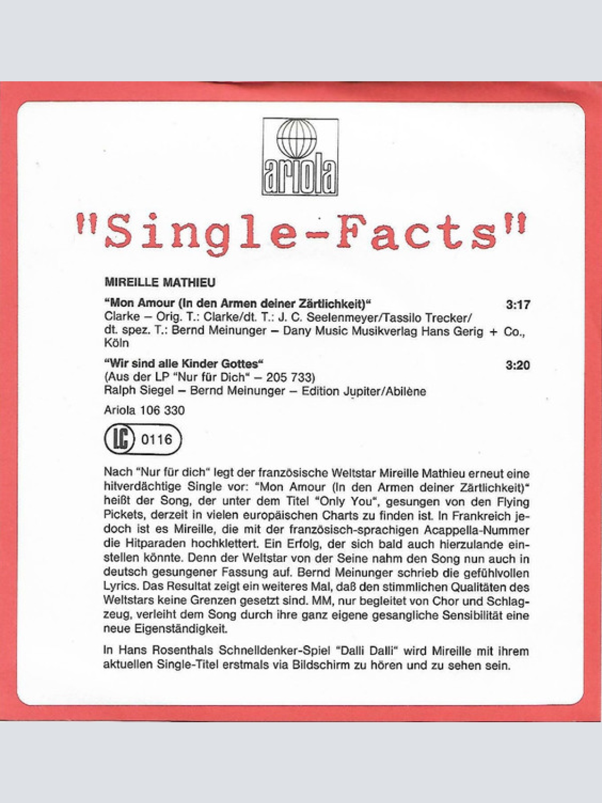 Vinyl / Mireille Mathieu - Mon Amour (In Den Armen Deiner Zärtlichkeit)