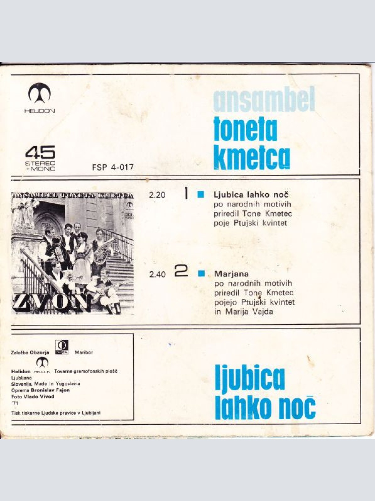 Vinyl / Ansambel Toneta Kmetca - Ljubica Lahko Noč
