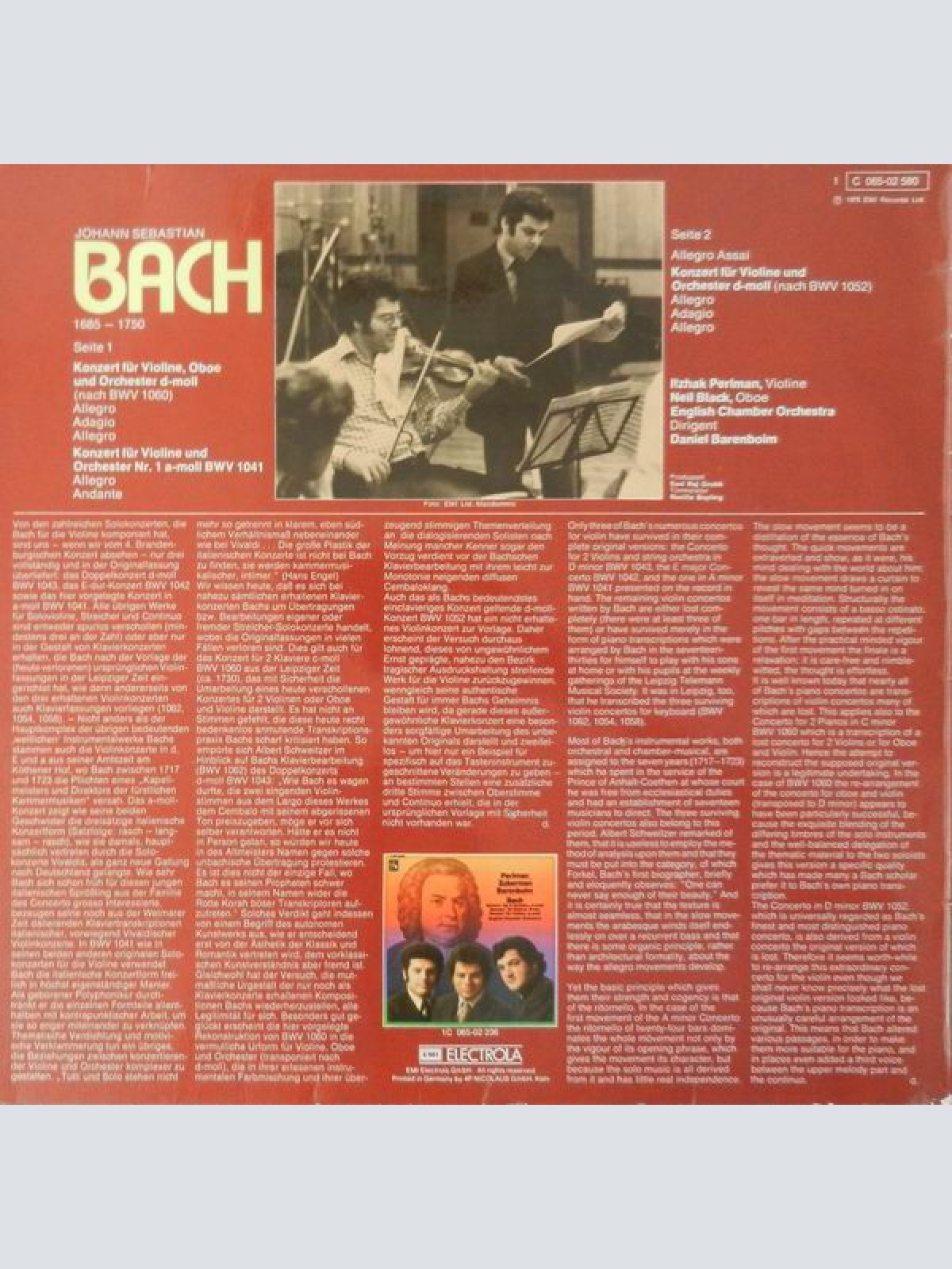 Vinyl / J. S. Bach* - Itzhak Perlman, Daniel Barenboim, Neil Black (3), The English Chamber Orchestra* - Violinkonzerte d-moll • Nr. 1 a-moll • Konzert Für Violine Und Oboe d-moll