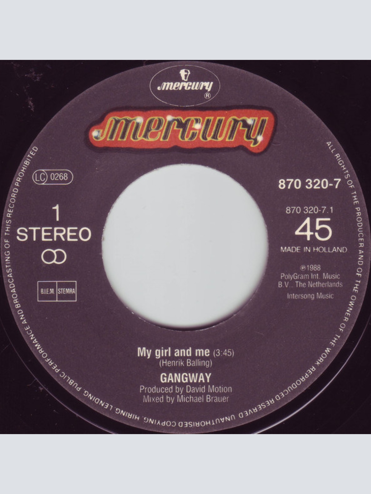 Vinyl / Gangway - My Girl And Me