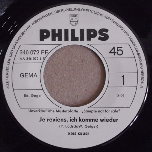 Vinyl / Kris Kruse - Je Reviens, Ich Komme Wieder / Es Ist Leider Viel Zu Spät