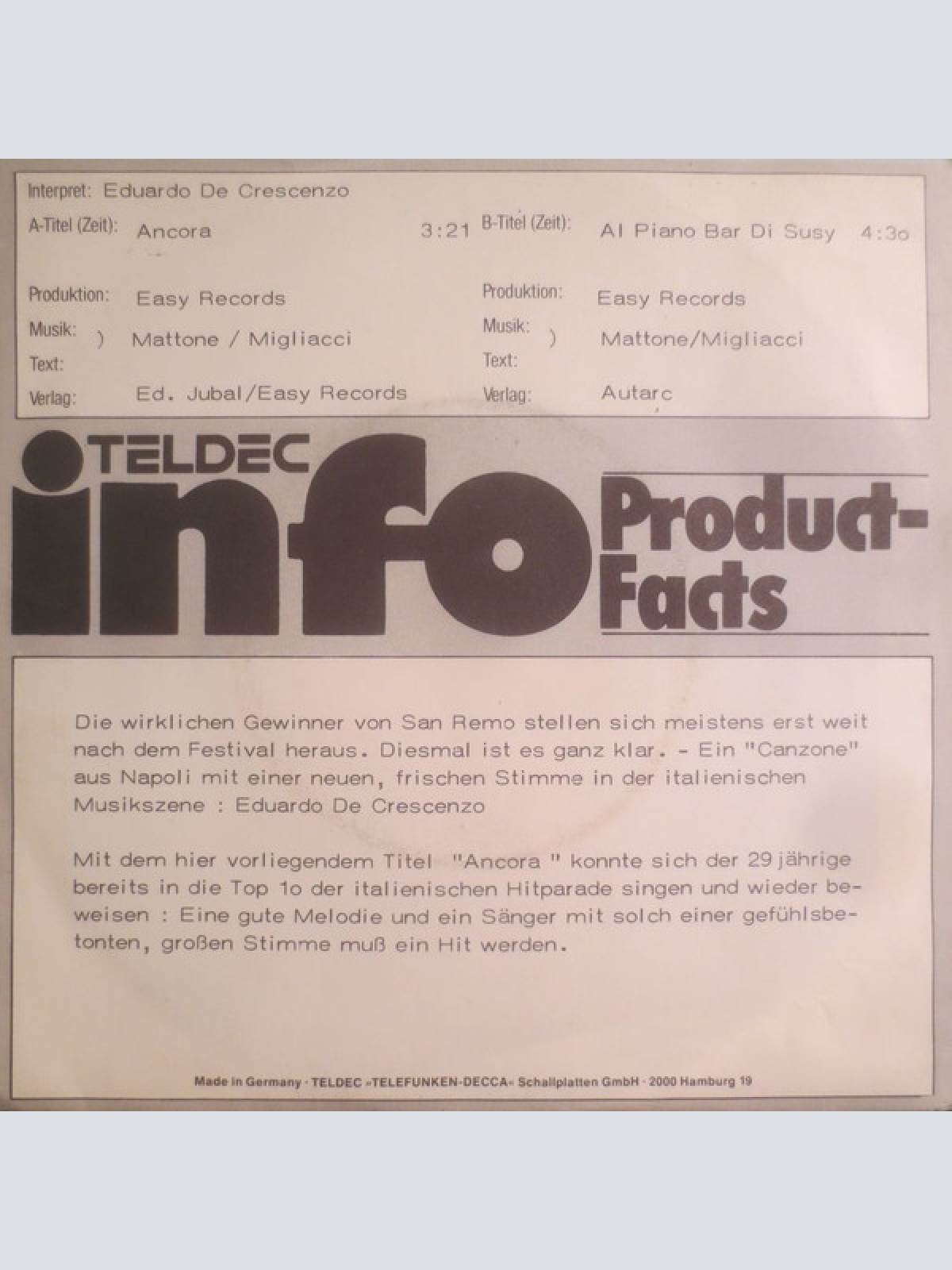 Vinyl / Eduardo De Crescenzo - Ancora