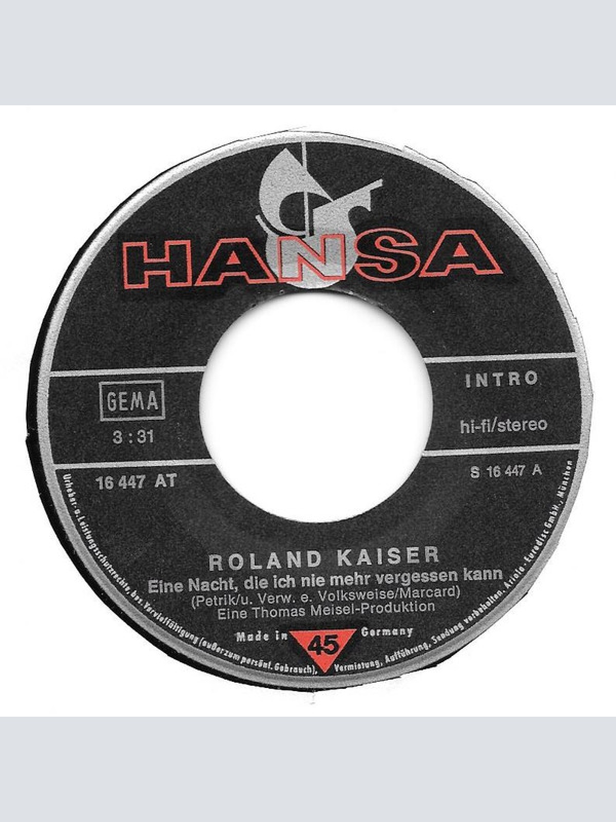 Vinyl / Roland Kaiser - Eine Nacht, Die Ich Nie Mehr Vergessen Kann