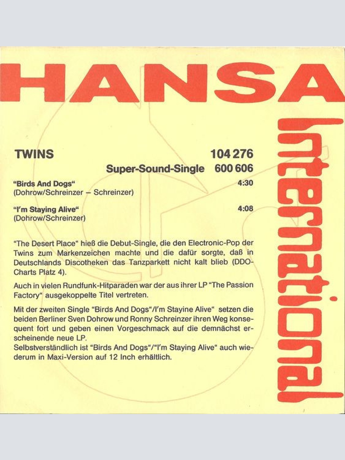 Vinyl / Twins* - Birds And Dogs / I'm Staying Alive