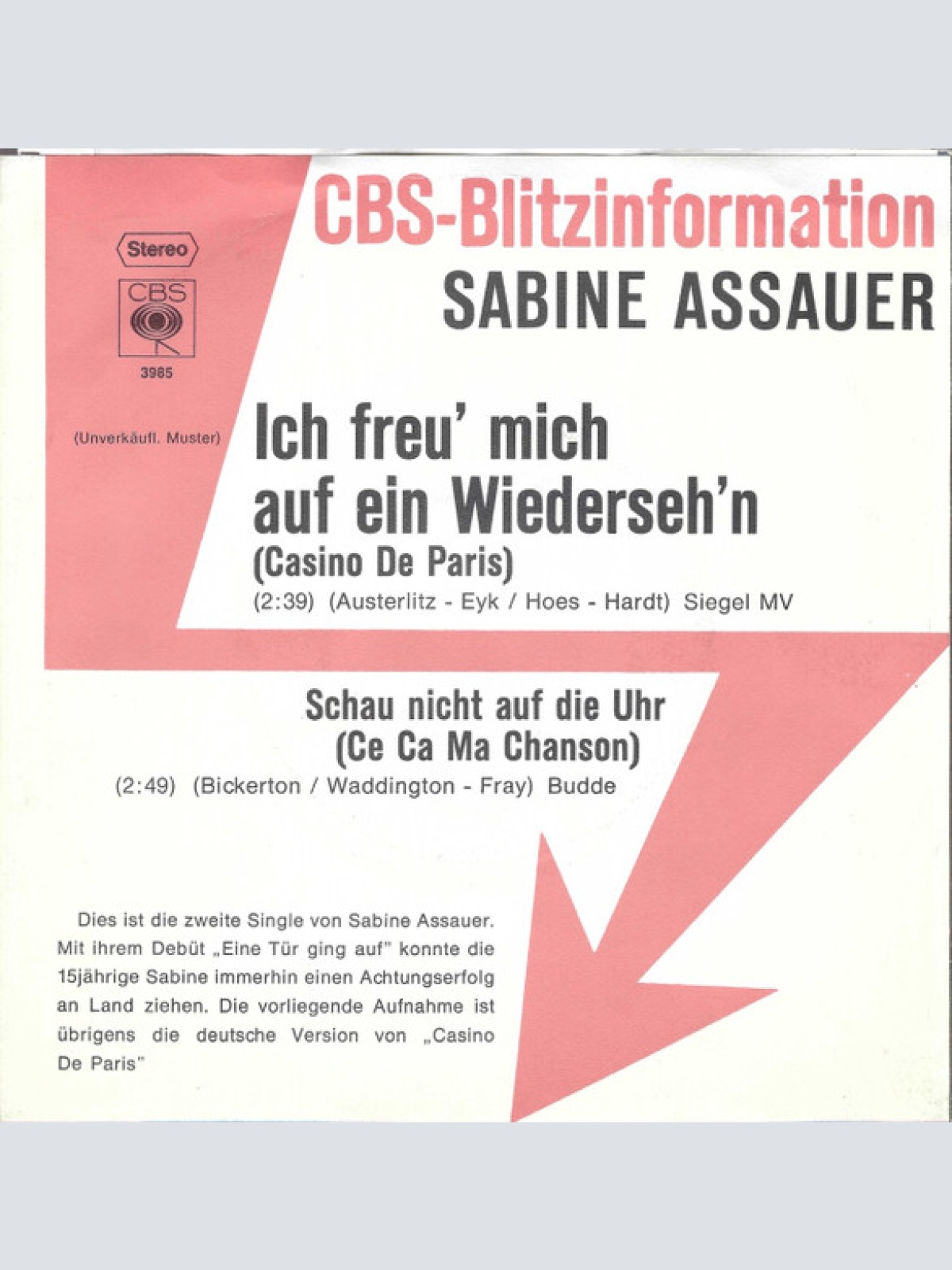 Vinyl / Sabine Assauer - Ich Freu' Mich Auf Ein Wiederseh'n (Casino De Paris)