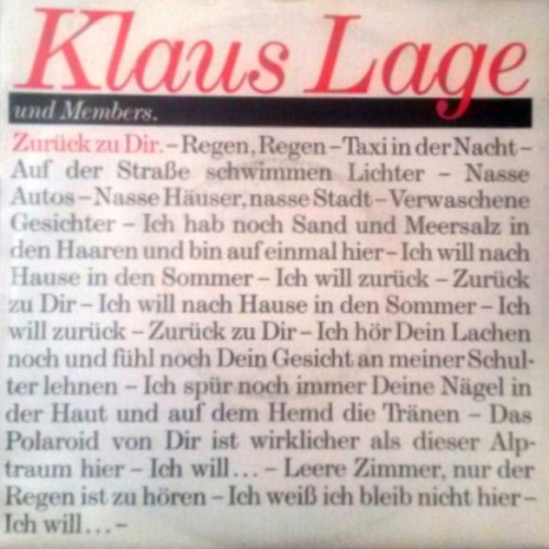 Vinyl / Klaus Lage & Members - Zurück Zu Dir