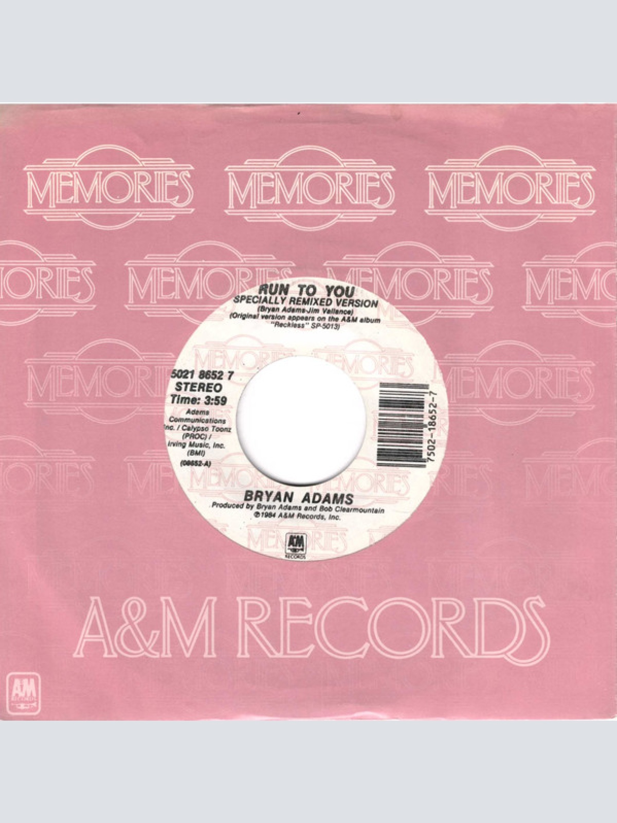 Vinyl / Bryan Adams - Run To You / Somebody