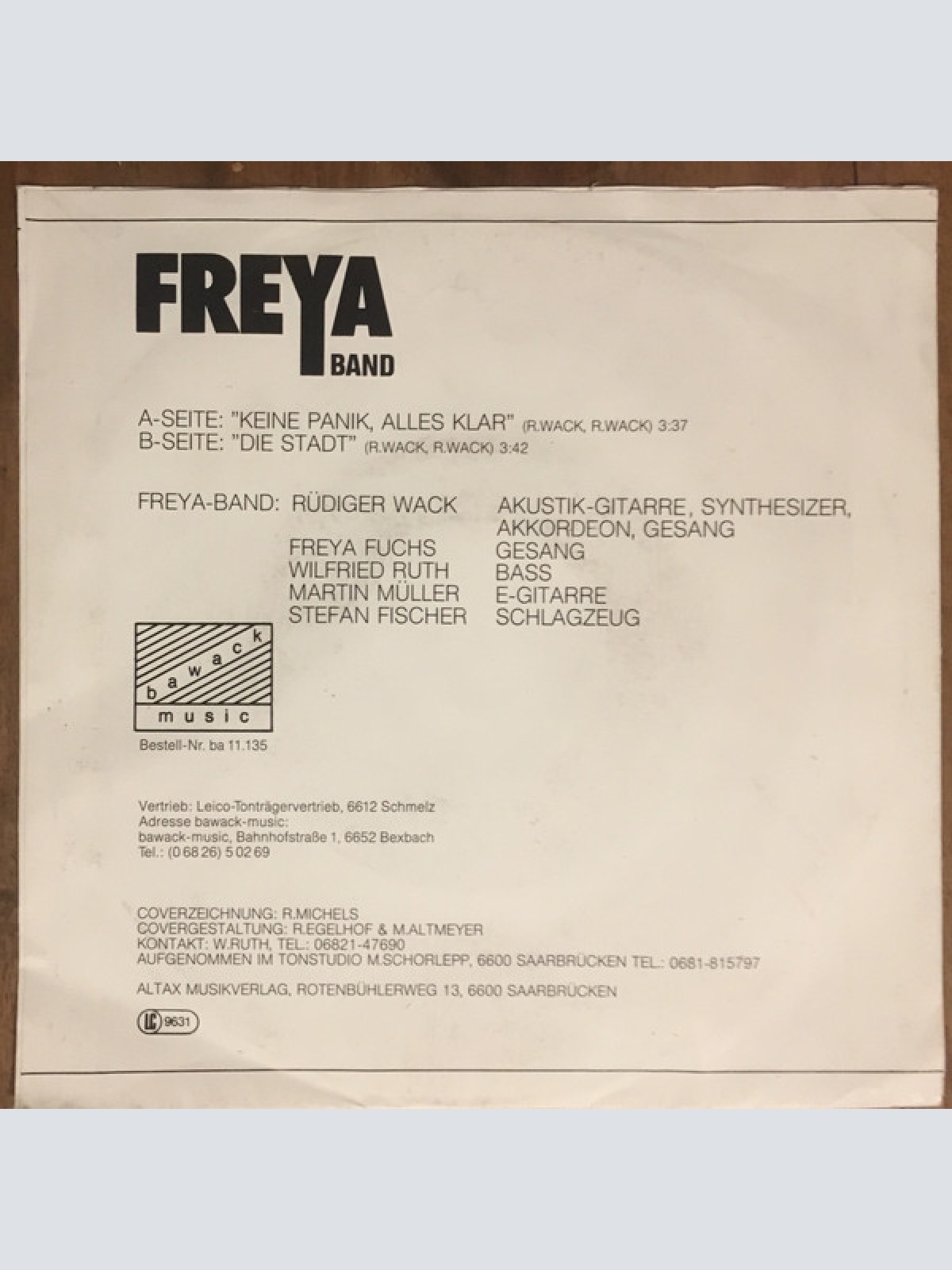 Vinyl / Freya Band - Keine Panik, Alles Klar / Die Stadt