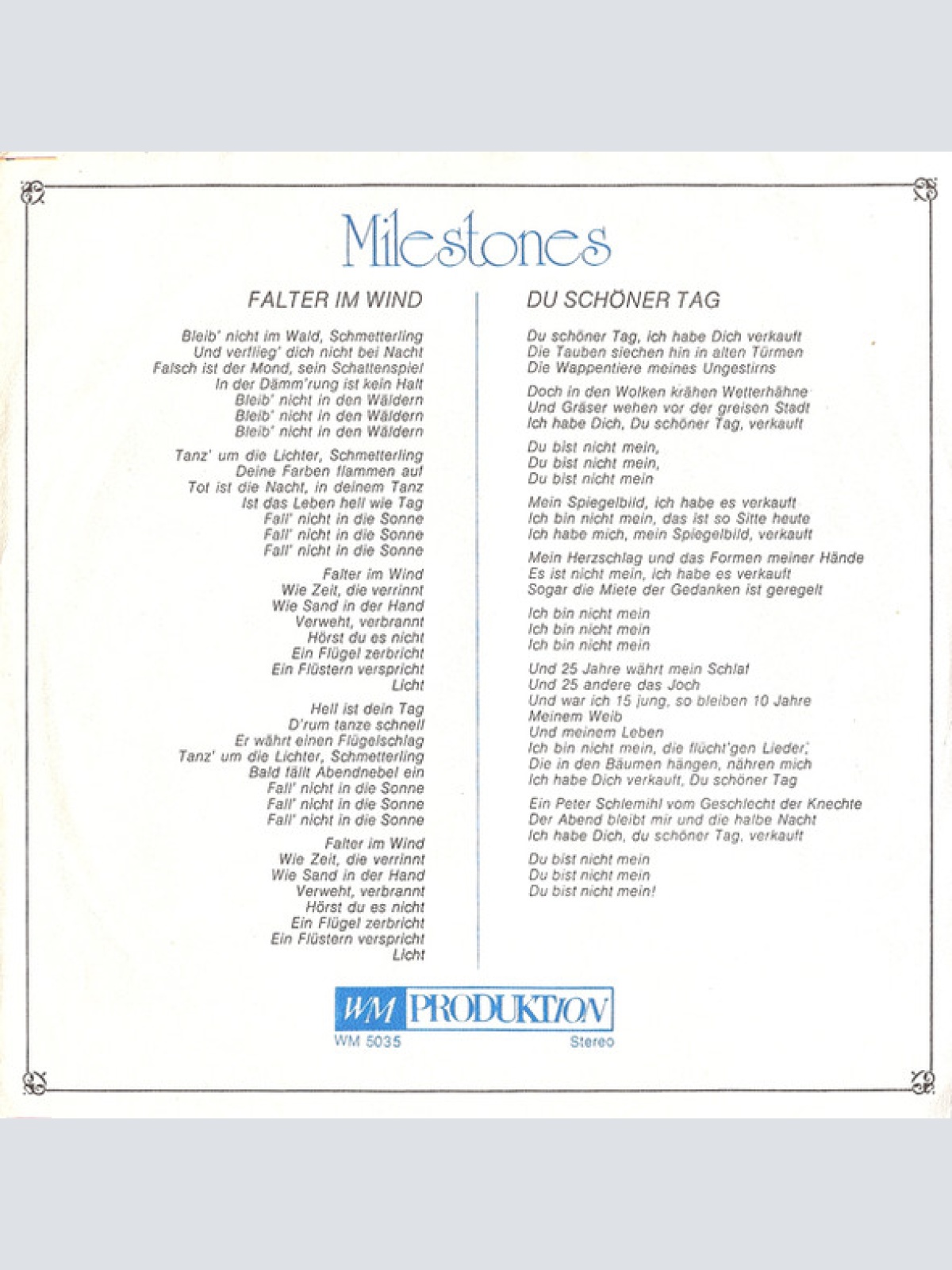 Vinyl / Milestones - Falter Im Wind / Du Schöner Tag