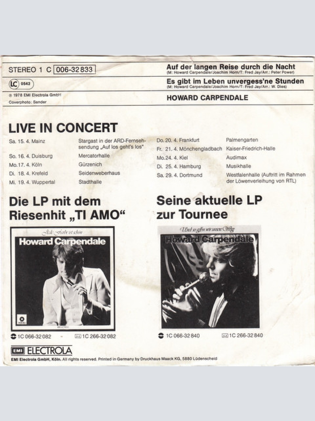 Vinyl / Howard Carpendale - Auf Der Langen Reise Durch Die Nacht