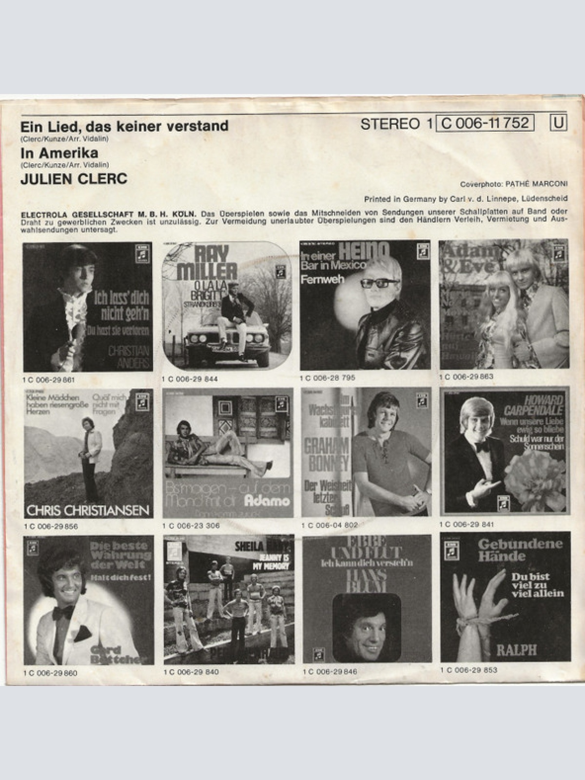 Vinyl / Julien Clerc - Ein Lied, Das Keiner Verstand / In Amerika