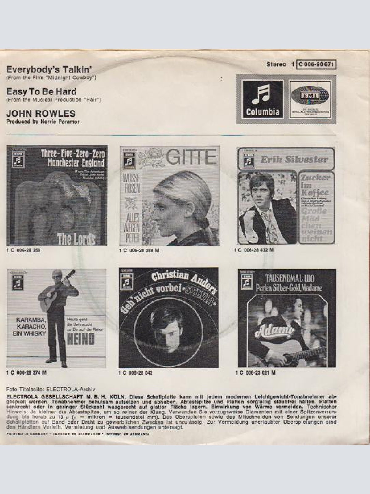 Vinyl / John Rowles - Everybody's Talkin' / Easy To Be Hard