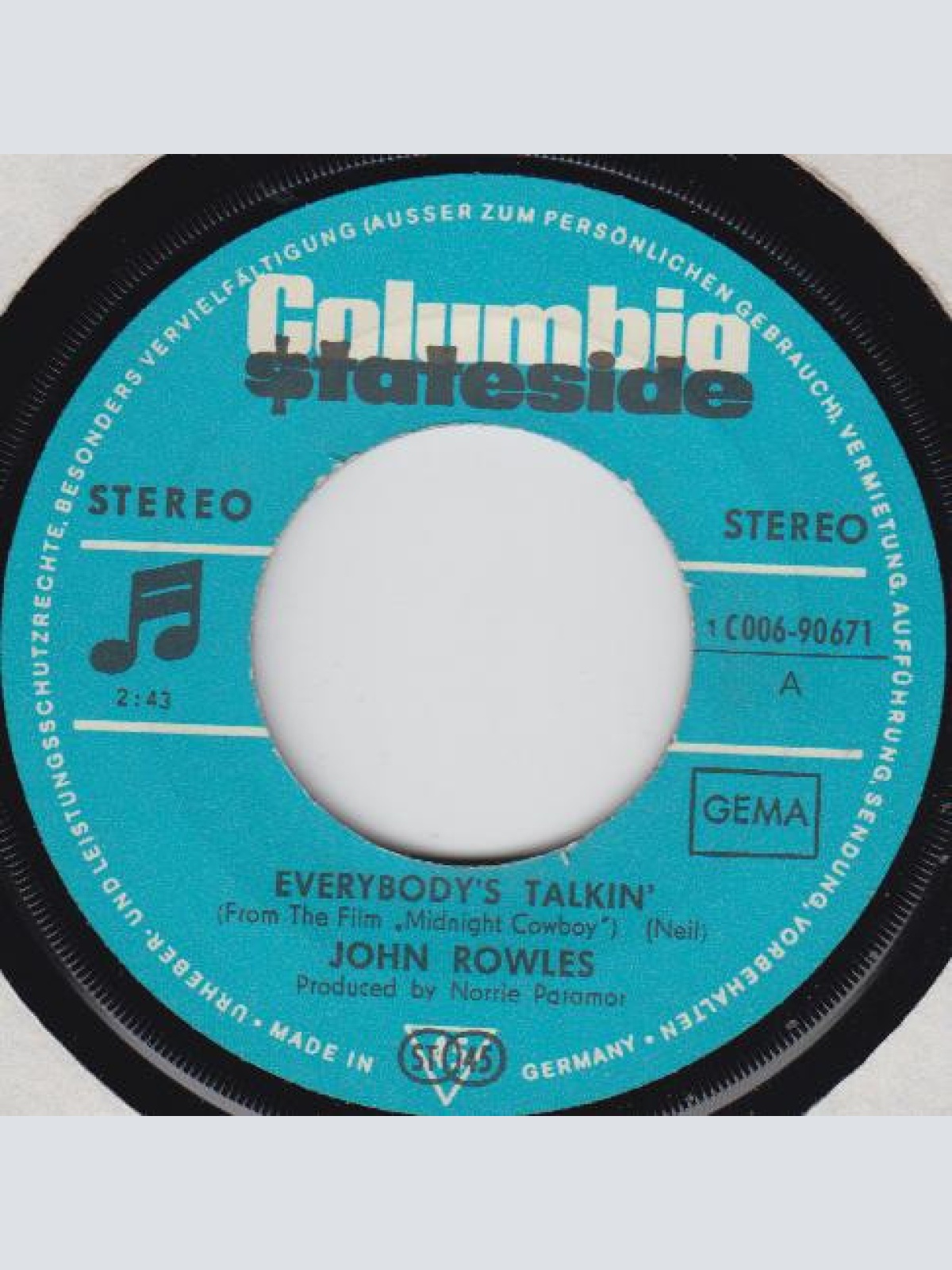 Vinyl / John Rowles - Everybody's Talkin' / Easy To Be Hard
