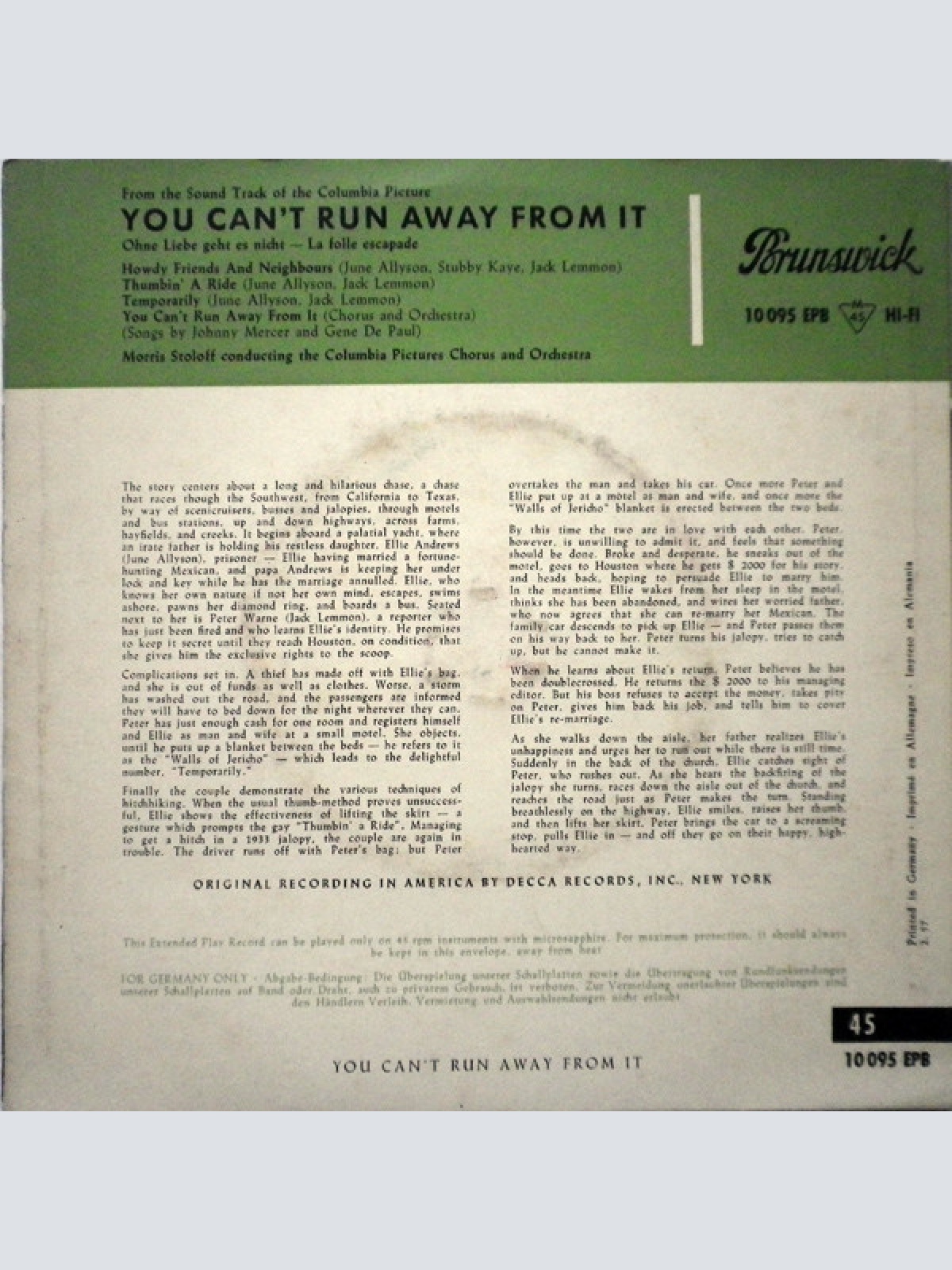 Vinyl / June Allyson, Jack Lemmon And Stubby Kaye / Morris Stoloff Conducting The Columbia Pictures Orchestra - You Can't Run Away From It (Original Soundtrack)