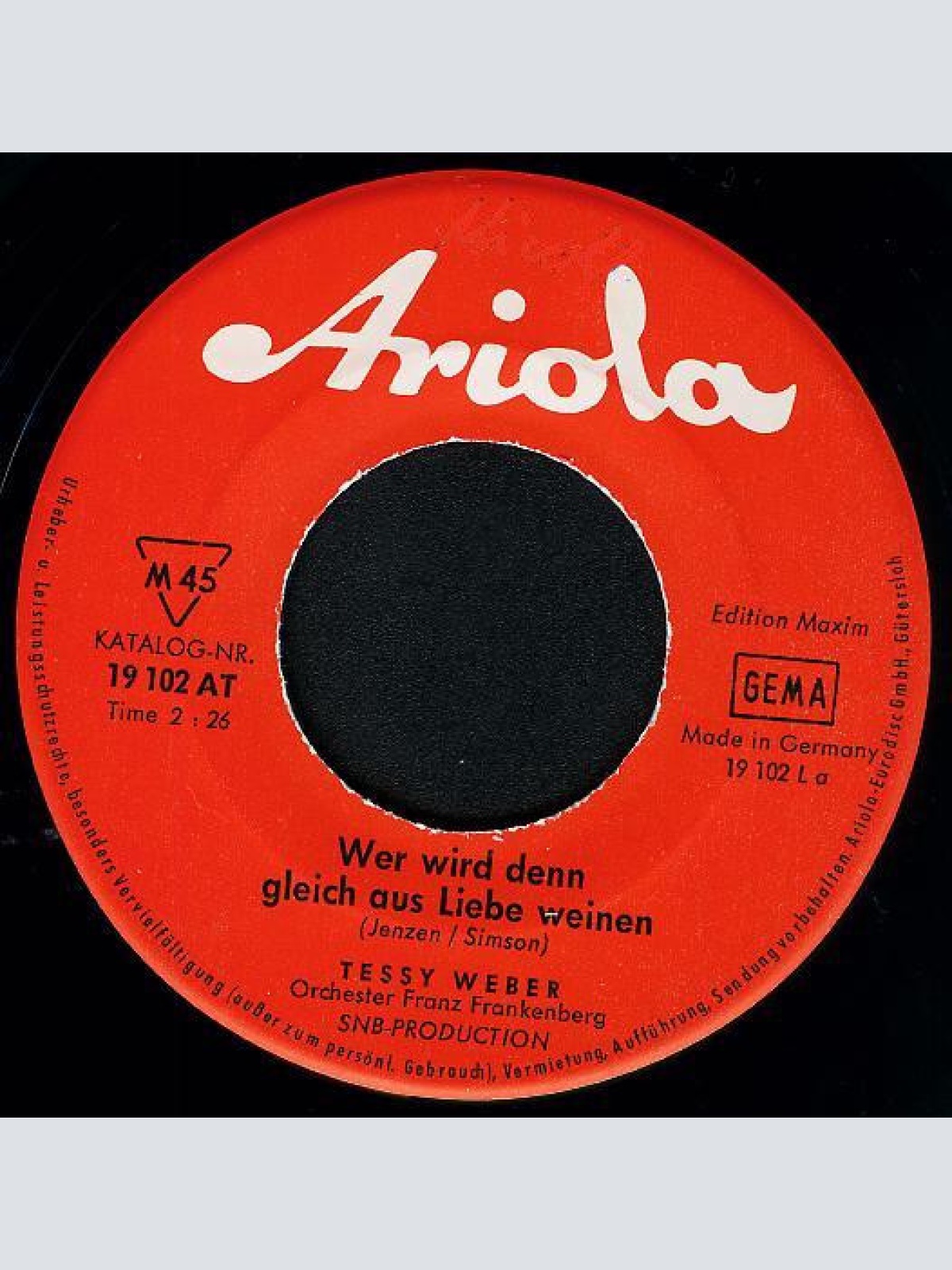 Vinyl / Tessy Weber - Wer Wird Denn Gleich Aus Liebe Weinen