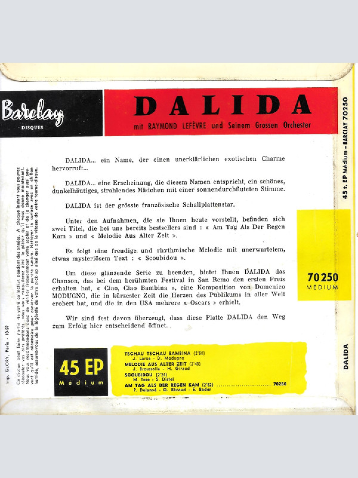 Vinyl / Dalida - Tschau Tschau Bambina = Ciao Ciao Bambina