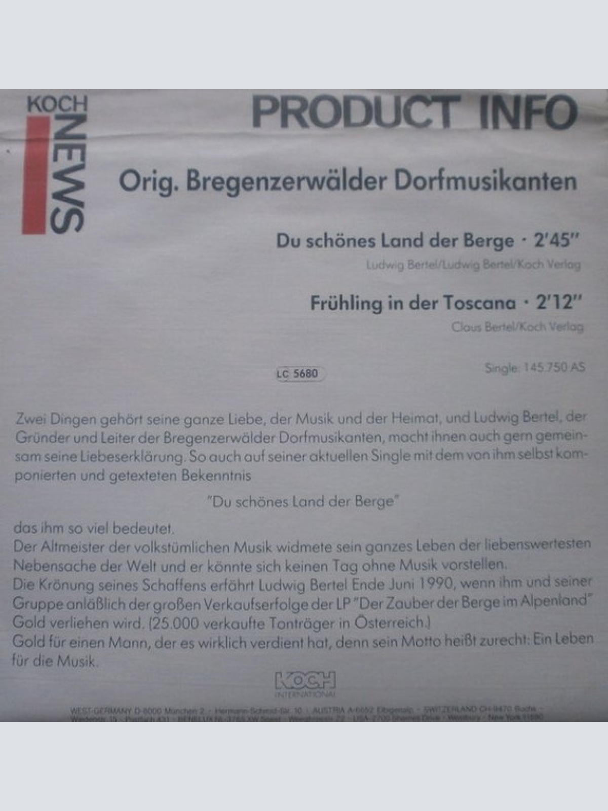 Vinyl / Original Bregenzerwälder Dorfmusikanten - Du Schönes Land Der Berge