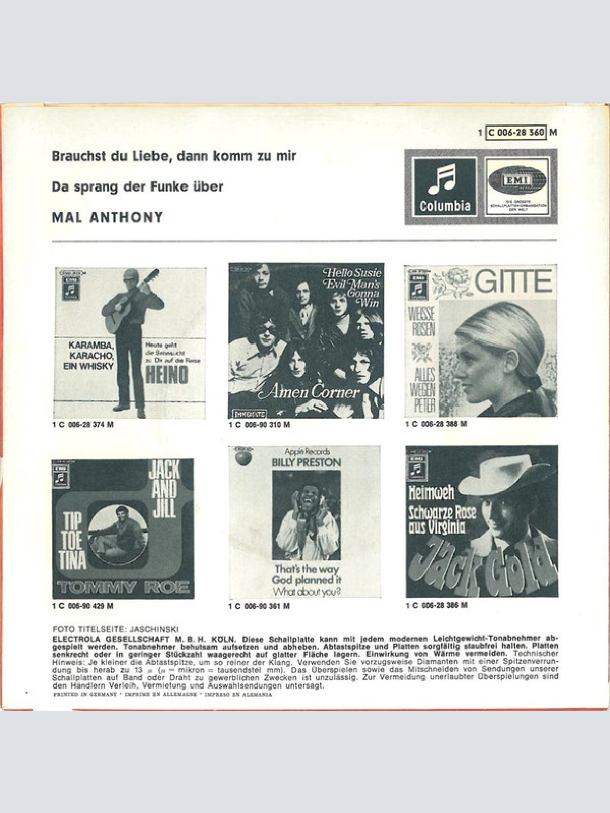 Vinyl / Mal Anthony - Brauchst Du Liebe Dann Komm Zu Mir / Da Sprang Der Funke Über