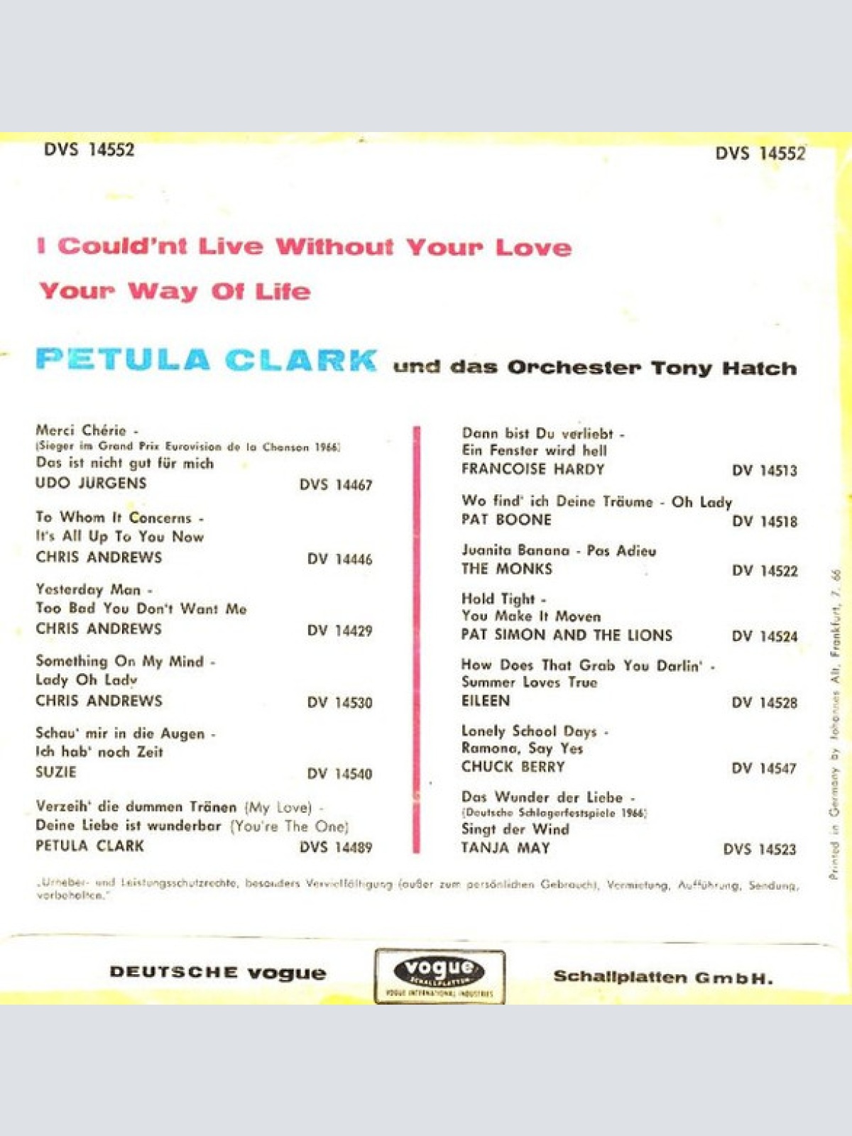 Vinyl / Petula Clark - I Couldn't Live Without Your Love / Your Way Of Life