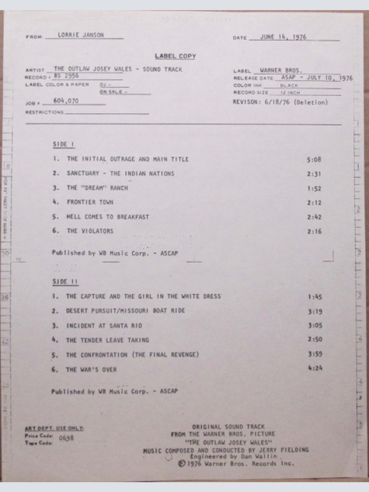 Vinyl / Jerry Fielding - The Outlaw Josey Wales (Original Sound Track)