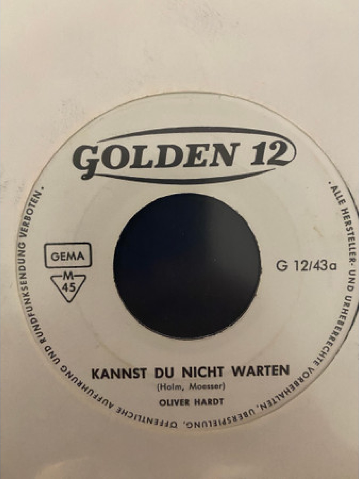 Vinyl / Oliver Hardt - Kannst Du Nicht Warten / Herz Aus Stein