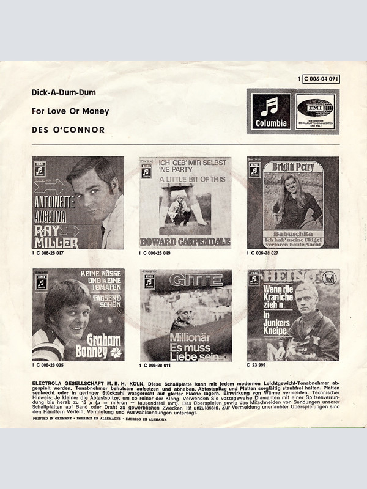 Vinyl / Des O'Connor - Dick-A-Dum-Dum / For Love Or Money