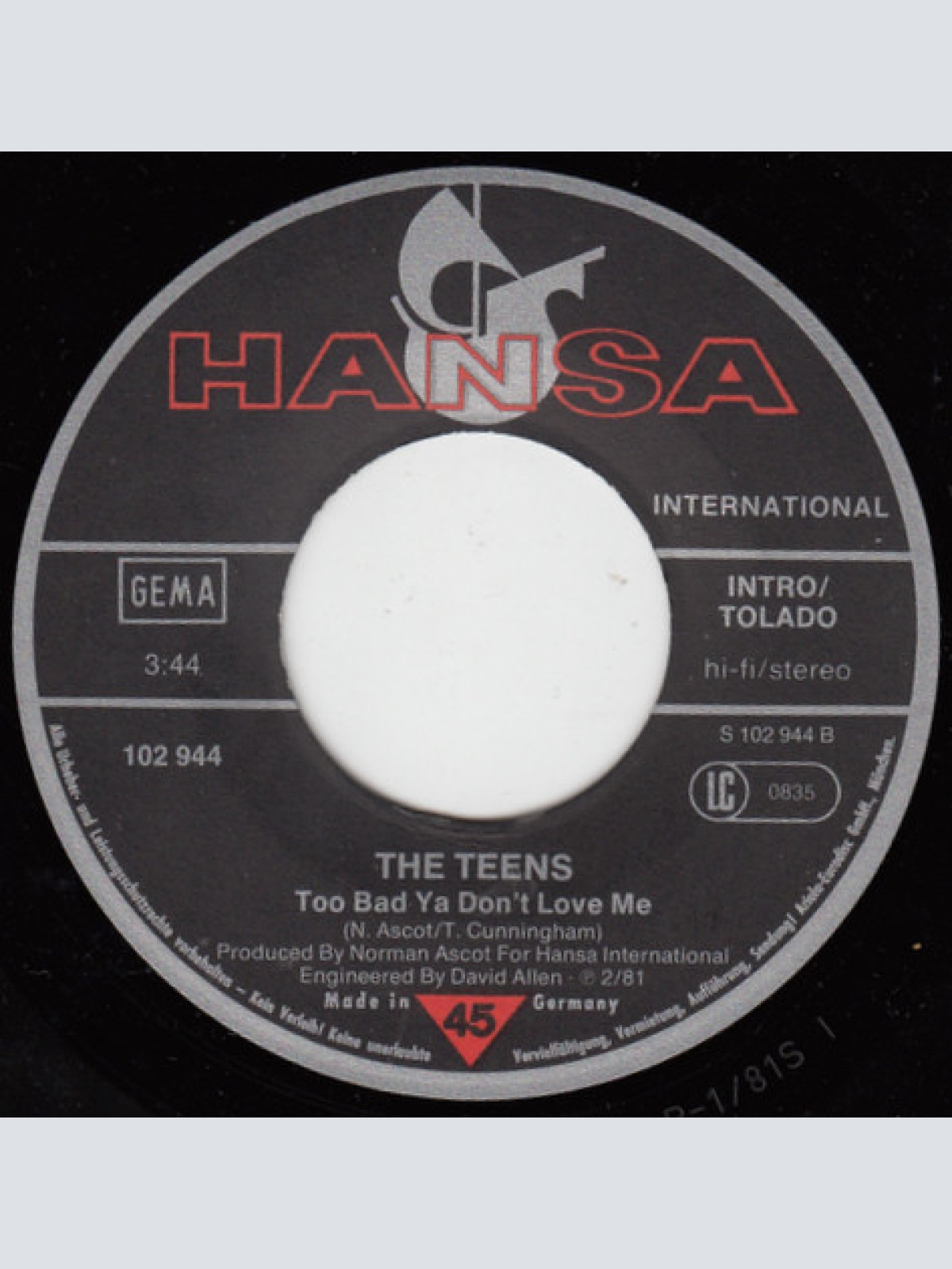 Vinyl / The Teens - Eloise / Too Bad Ya Don't Love Me